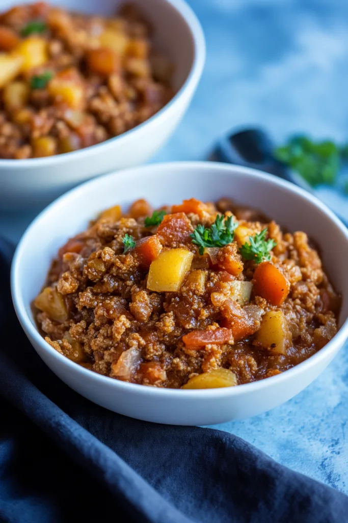 Bowl of seasoned ground beef mixed with colorful peppers and onions