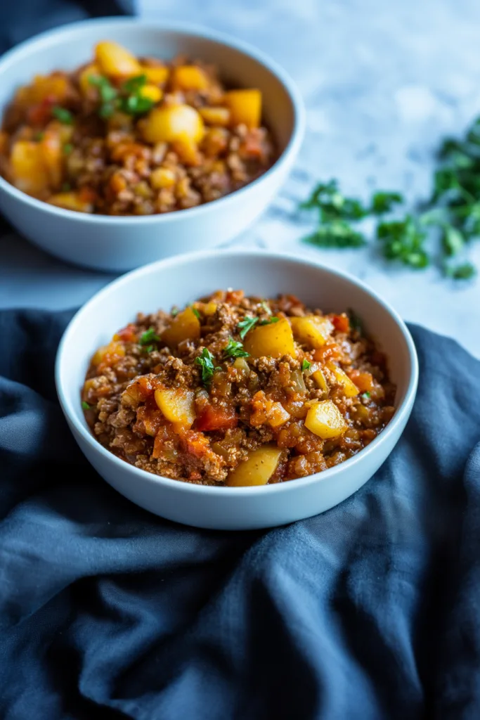 Texas Hash served in a rustic bowl with fresh garnish on top