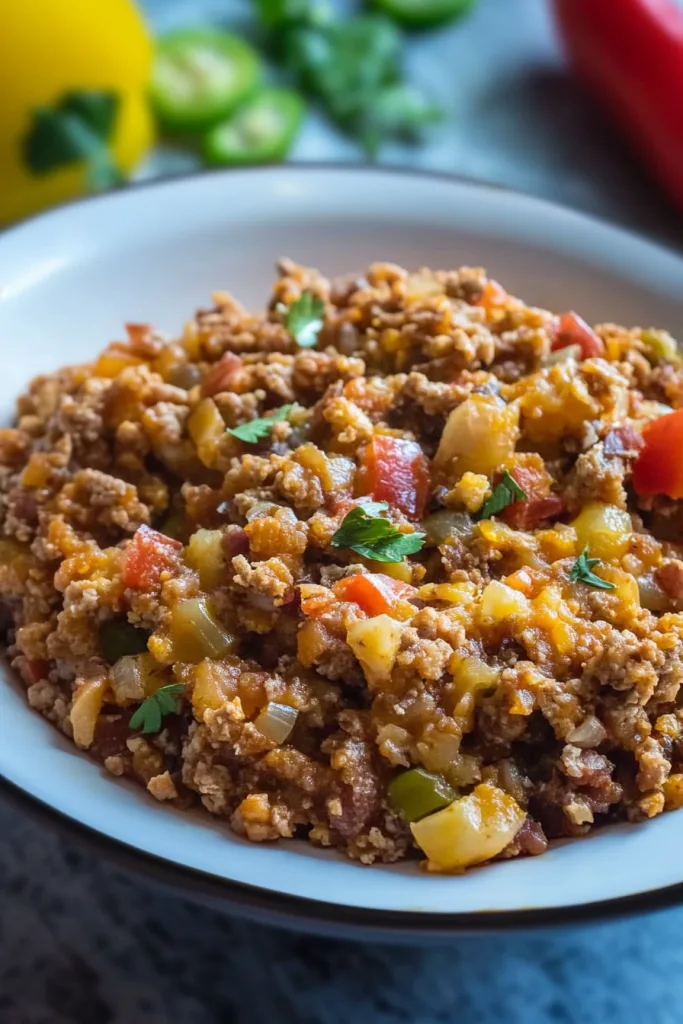 Close-up of hearty hash showing diced vegetables and herbs