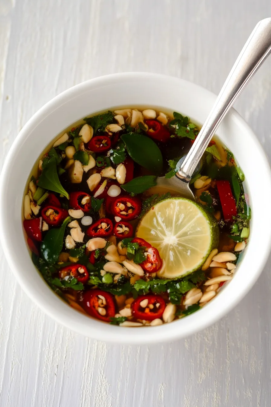Overhead view of dipping sauce with colorful herbs and chilies, emphasizing freshness and texture.