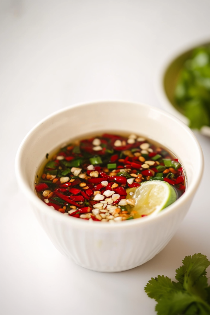 White bowl of light brown dipping sauce with sliced red chilies, lime, and fresh herbs floating on top.