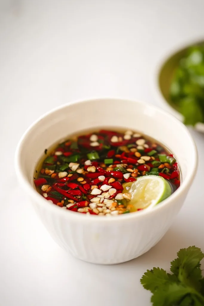 White bowl of light brown dipping sauce with sliced red chilies, lime, and fresh herbs floating on top.