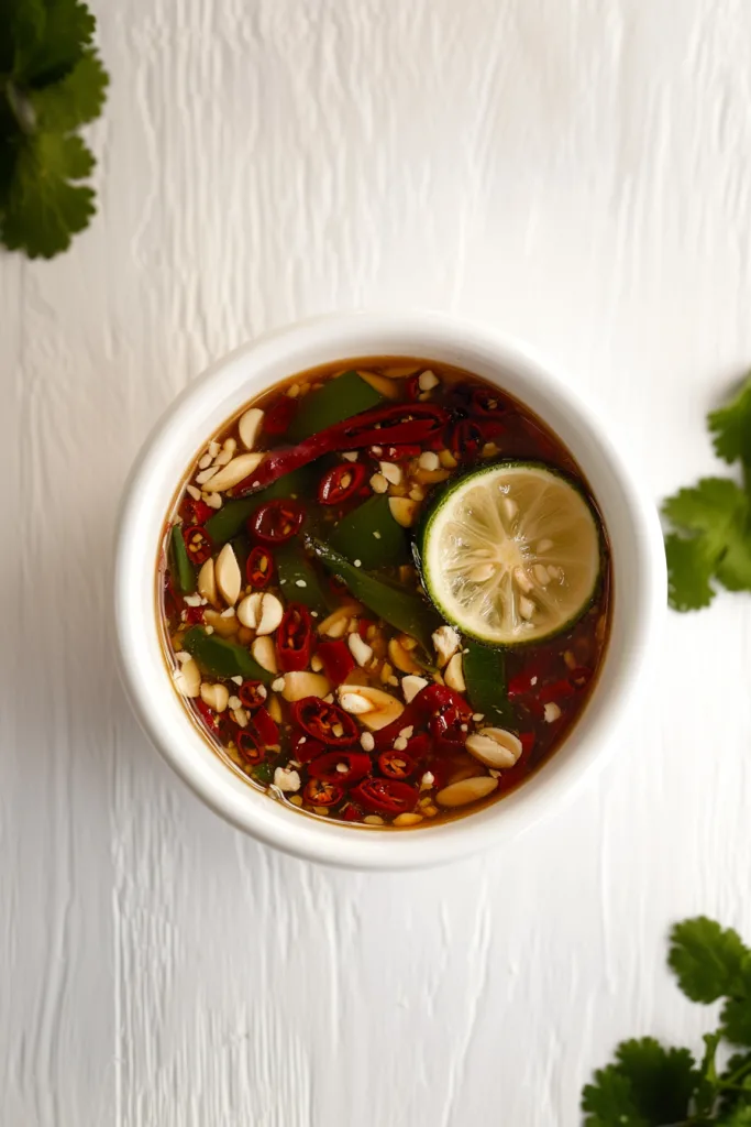 Thai Fish Sauce Recipe finished bowl, showcasing the balance of sour, spicy, and aromatic ingredients.