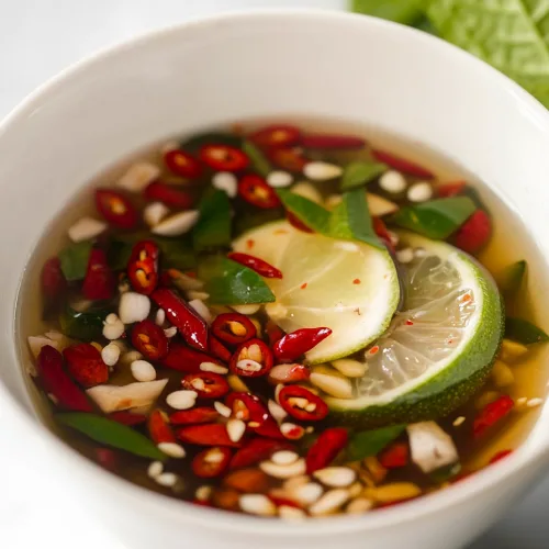 Rustic presentation of a flavorful sauce with floating lime slices and chopped green herbs.