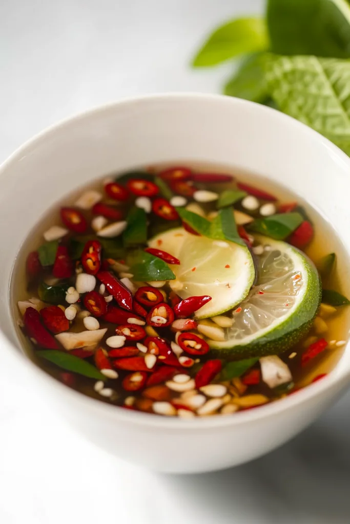 Rustic presentation of a flavorful sauce with floating lime slices and chopped green herbs.