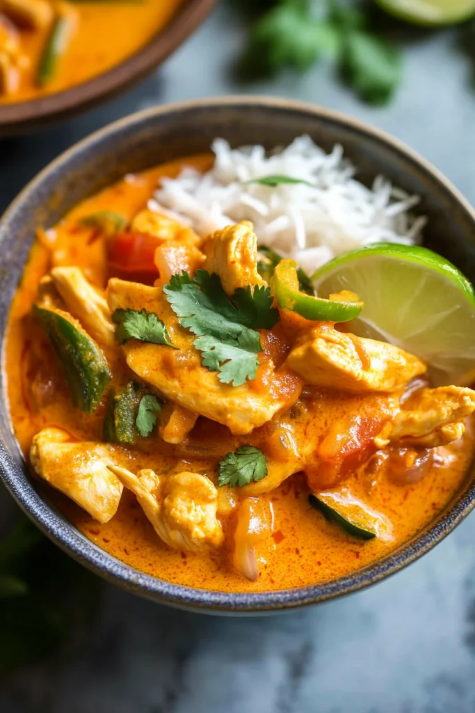 Hearty chicken curry with zucchini and peppers in a thick, spiced sauce, emphasizing texture and flavor.