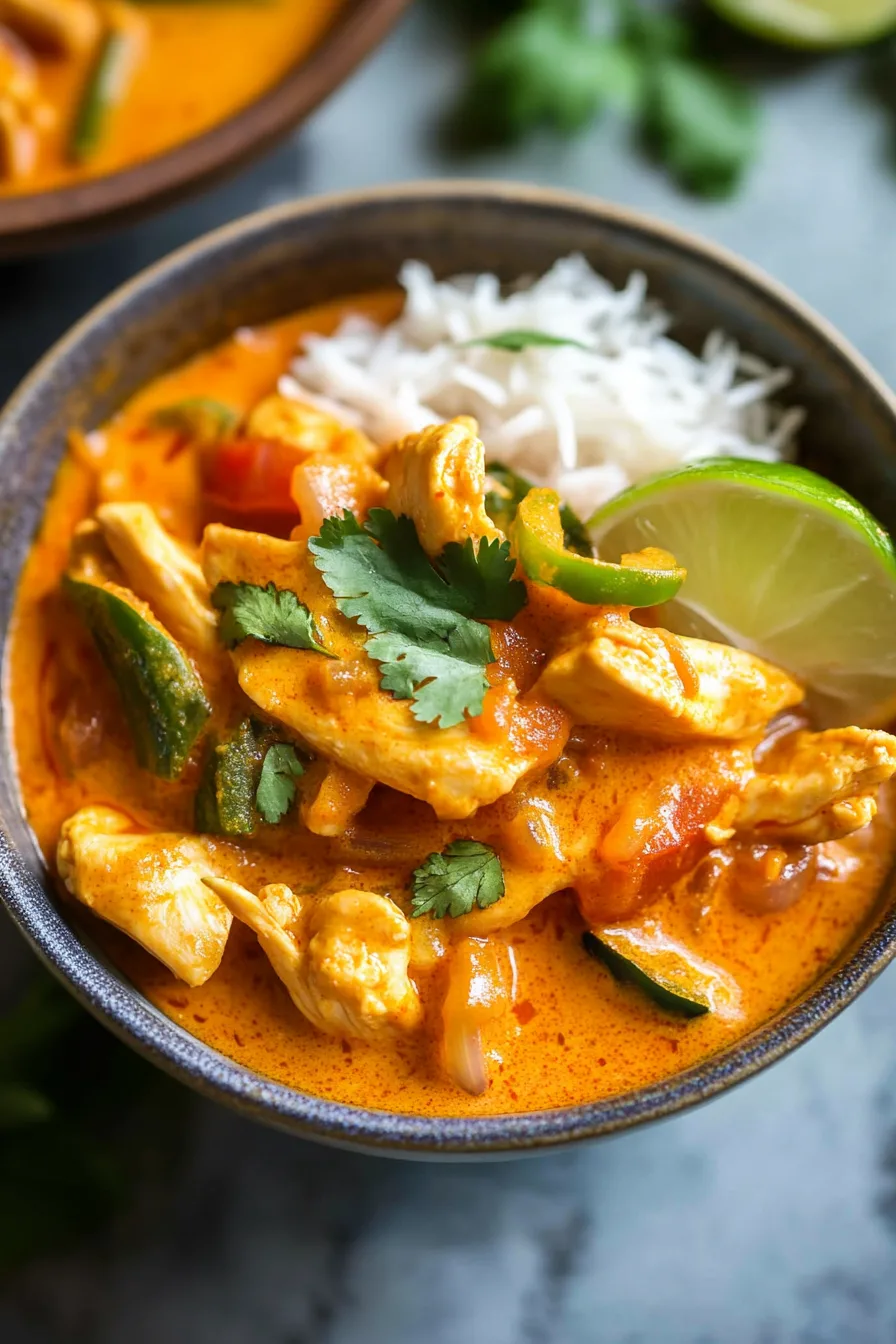 Hearty chicken curry with zucchini and peppers in a thick, spiced sauce, emphasizing texture and flavor.
