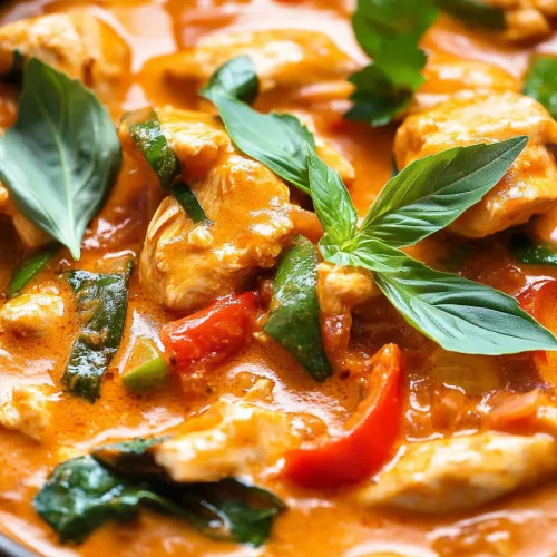 Bowl of creamy red curry with chicken, zucchini, and bell peppers, topped with fresh basil leaves.