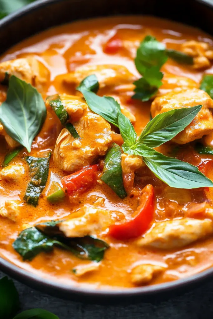 Bowl of creamy red curry with chicken, zucchini, and bell peppers, topped with fresh basil leaves.