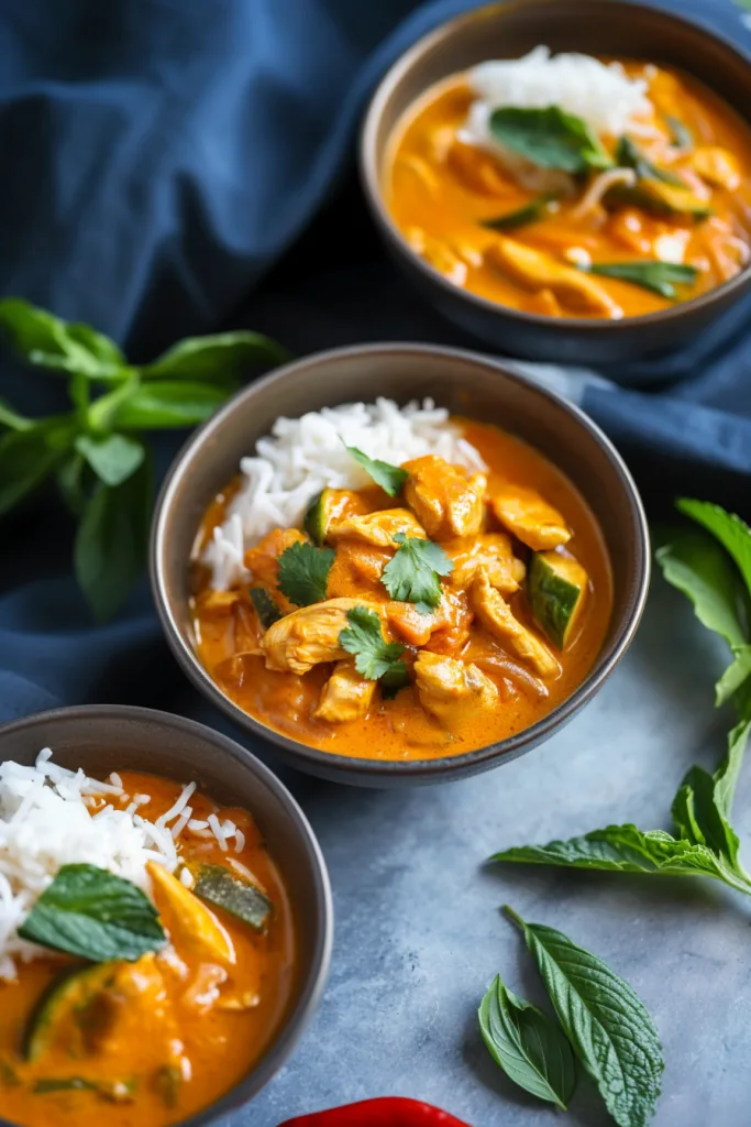 Thai Red Curry Chicken Recipe plated with rice, highlighting the bold colors and aromatic herbs.