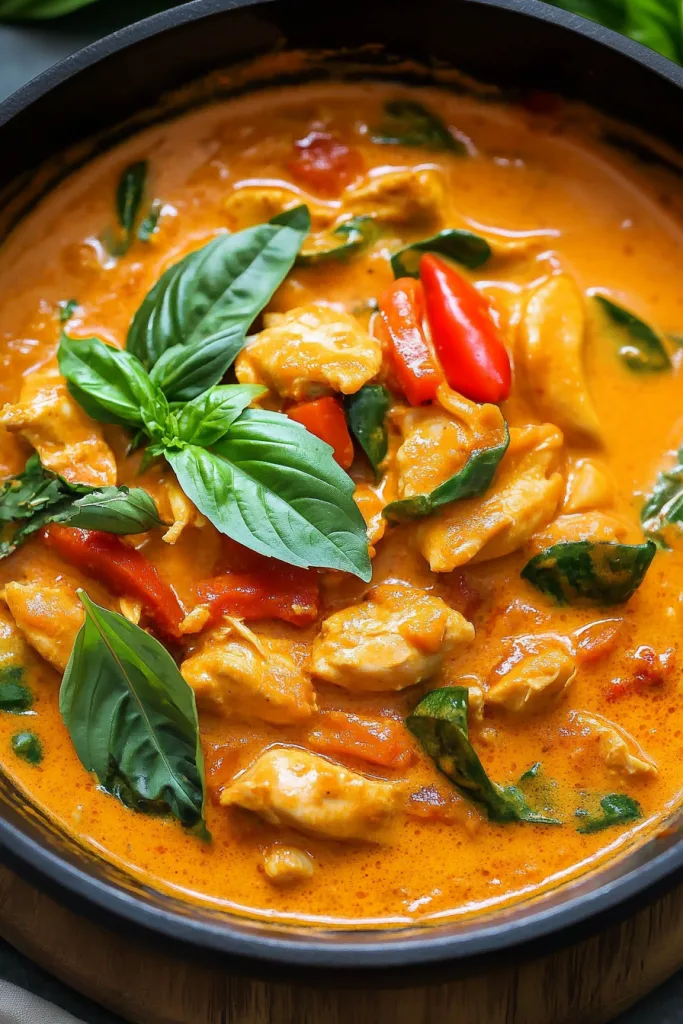 Thai Red Curry Chicken Recipe plated dish, highlighting the bold colors and aromatic presentation.