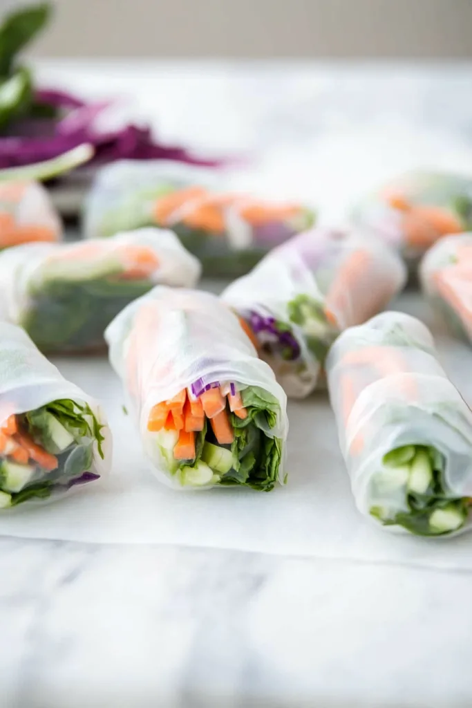 Fresh vegetable spring rolls wrapped in translucent rice paper.