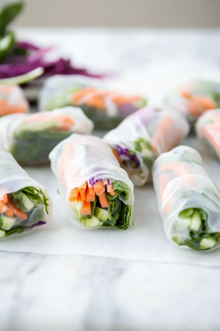 Fresh vegetable spring rolls wrapped in translucent rice paper.