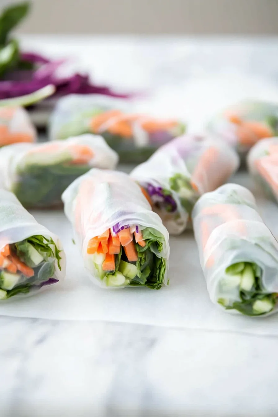 Fresh vegetable spring rolls wrapped in translucent rice paper.