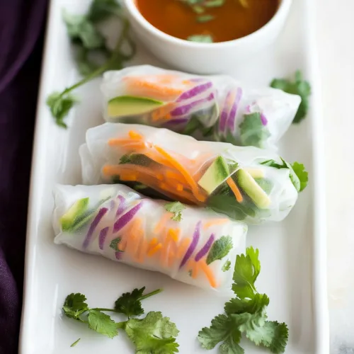 Colorful rolls filled with carrots, cabbage, avocado, and herbs.