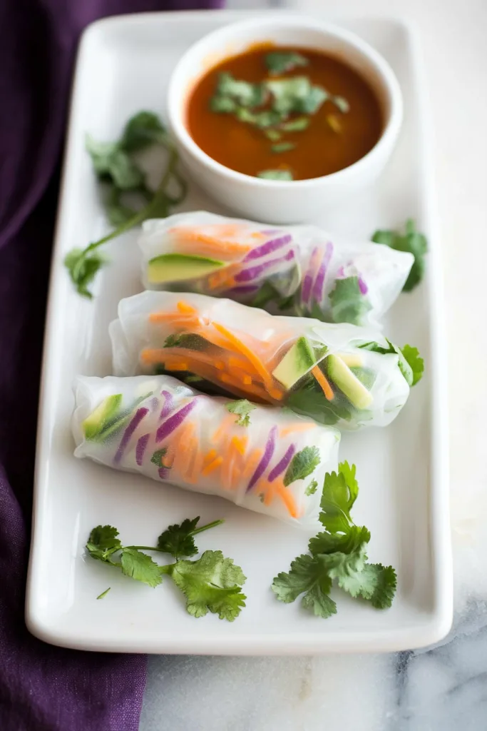 Colorful rolls filled with carrots, cabbage, avocado, and herbs.