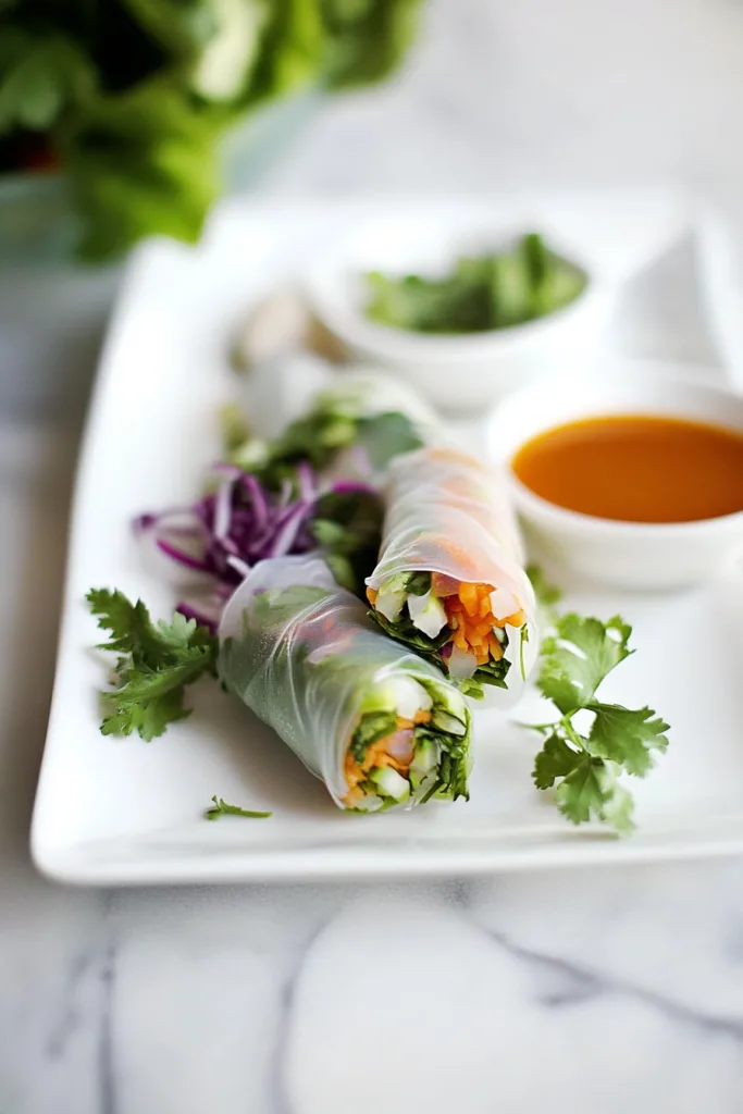 Spring rolls neatly arranged beside a bowl of dipping sauce.