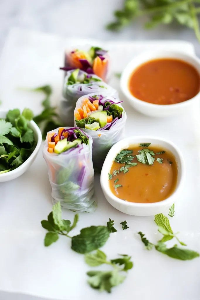 Healthy snack platter with spring rolls and peanut sauce garnish.