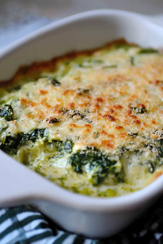 Close‑up of bubbling cheese topping over rich spinach filling