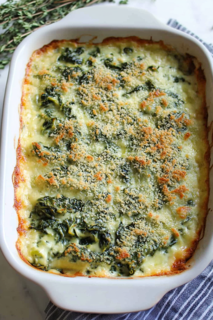 Freshly baked casserole in a dish, showing crisp edges and melted cheese