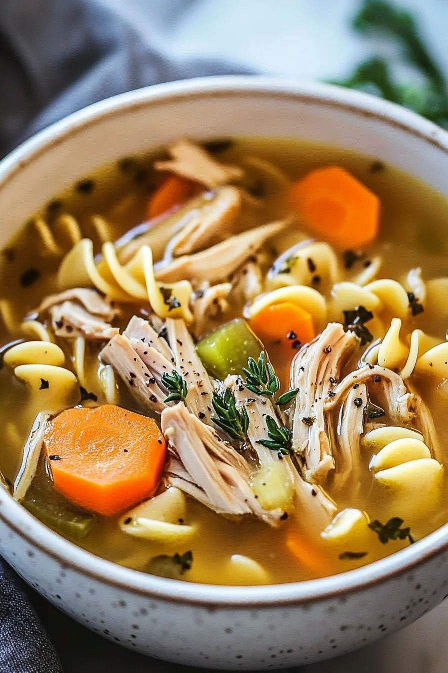 Comforting turkey soup featuring pasta spirals, carrots, celery, and fresh herbs in clear broth