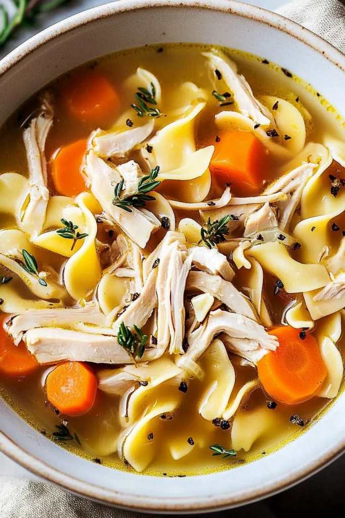 Hearty noodle soup with shredded turkey, colorful vegetables, and seasoned broth