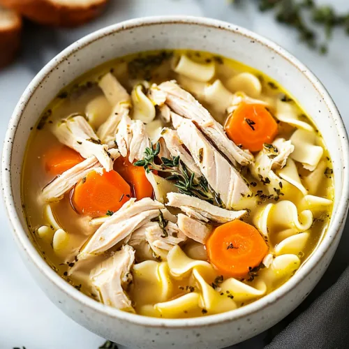 Warm homemade soup with tender turkey, noodles, and vegetables served in a ceramic bowl