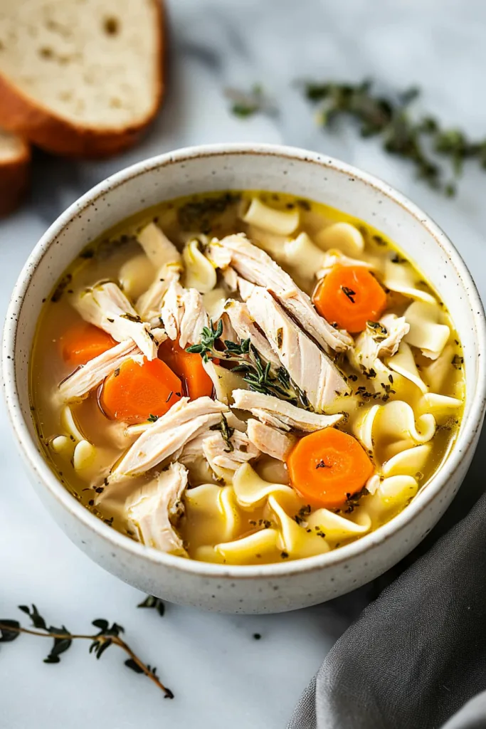 Warm homemade soup with tender turkey, noodles, and vegetables served in a ceramic bowl