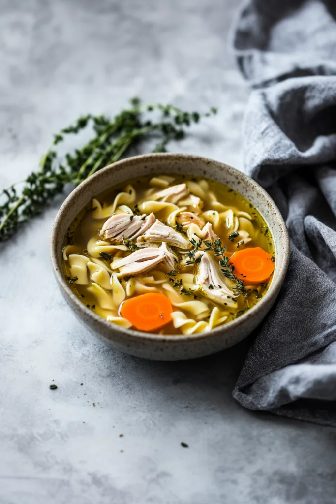 Bowl of turkey noodle soup with shredded turkey, rotini pasta, carrots, and celery in savory broth