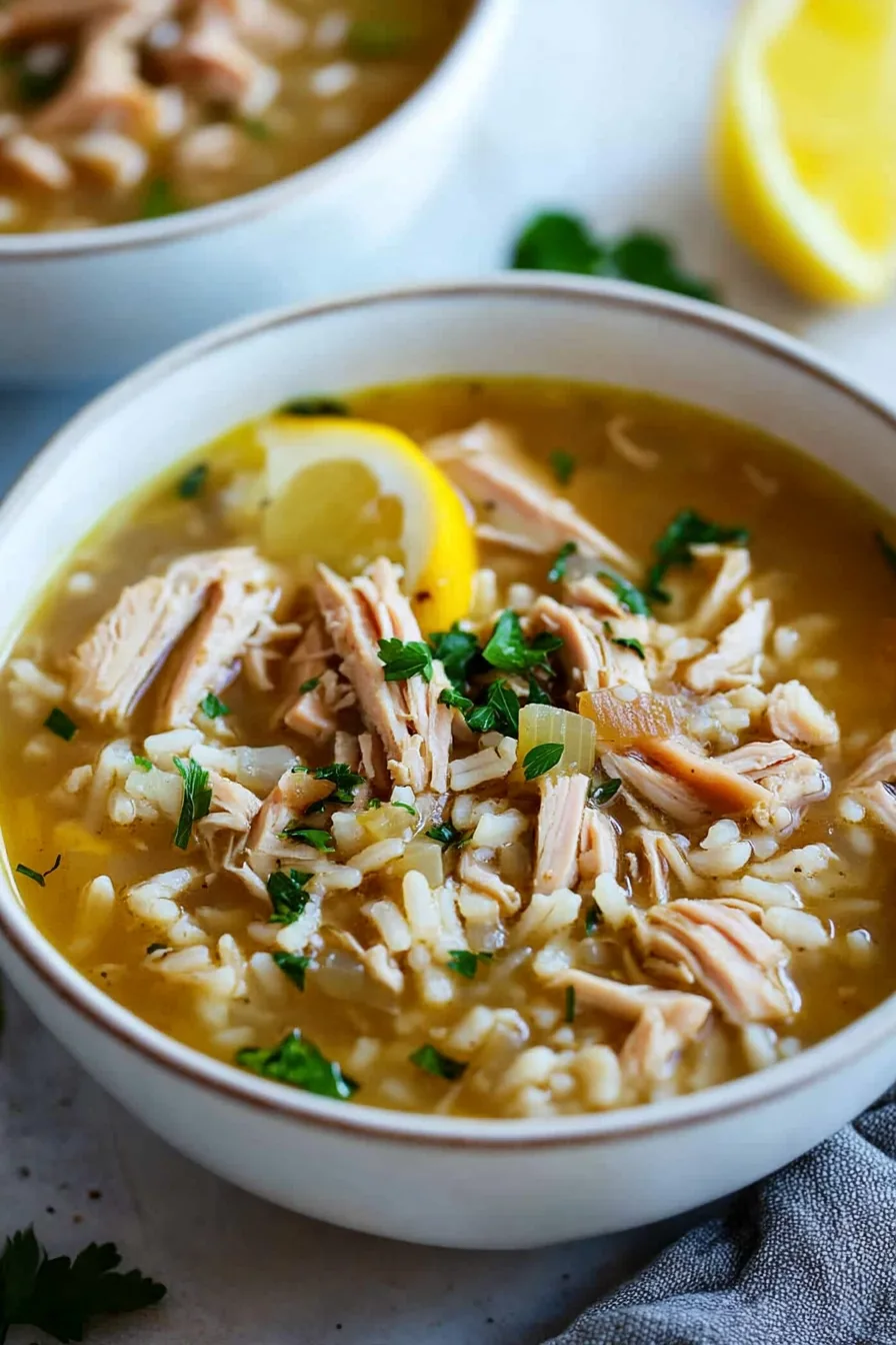 Golden broth with tender turkey, rice, and vegetables, garnished with fresh parsley for a cozy meal.