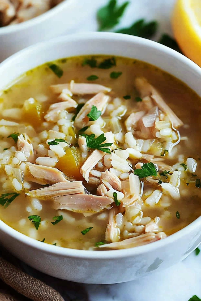 Freshly prepared comfort food soup with shredded turkey pieces, rice, aromatic vegetables, and parsley garnish.