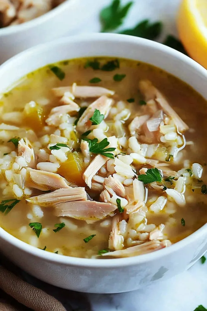Freshly prepared comfort food soup with shredded turkey pieces, rice, aromatic vegetables, and parsley garnish.