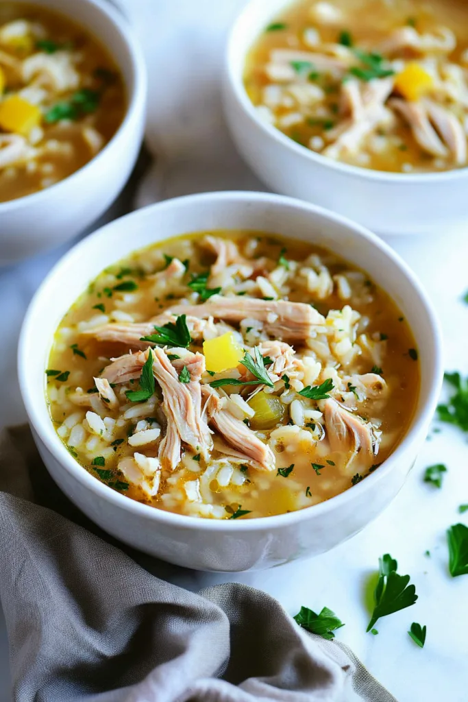 Warm and nourishing soup featuring tender meat, fluffy rice, and vegetables served in a creamy white bowl.