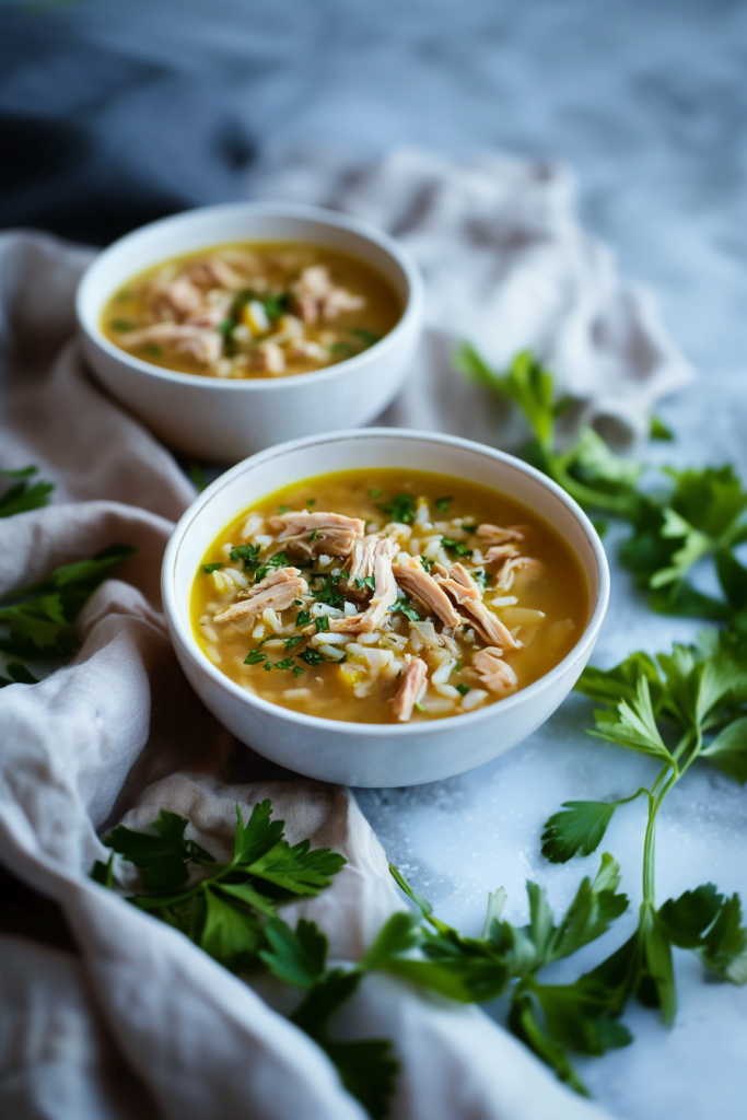 Hearty bowl of savory broth filled with shredded poultry, cooked rice, diced vegetables, and fresh herbs.