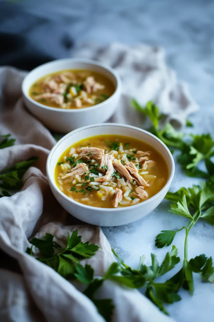 Hearty bowl of savory broth filled with shredded poultry, cooked rice, diced vegetables, and fresh herbs.