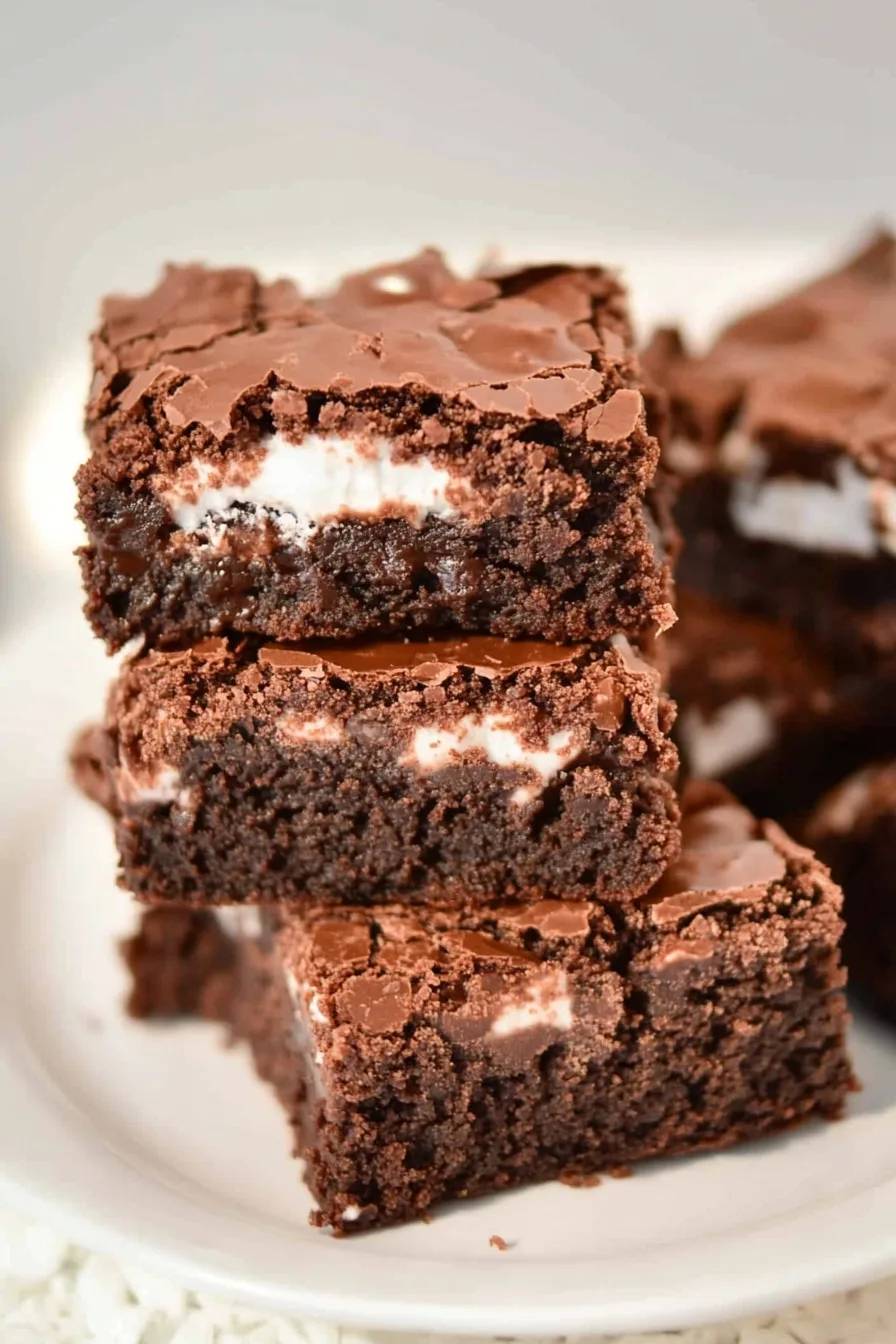 Stacked brownies with gooey marshmallow swirls on a white plate