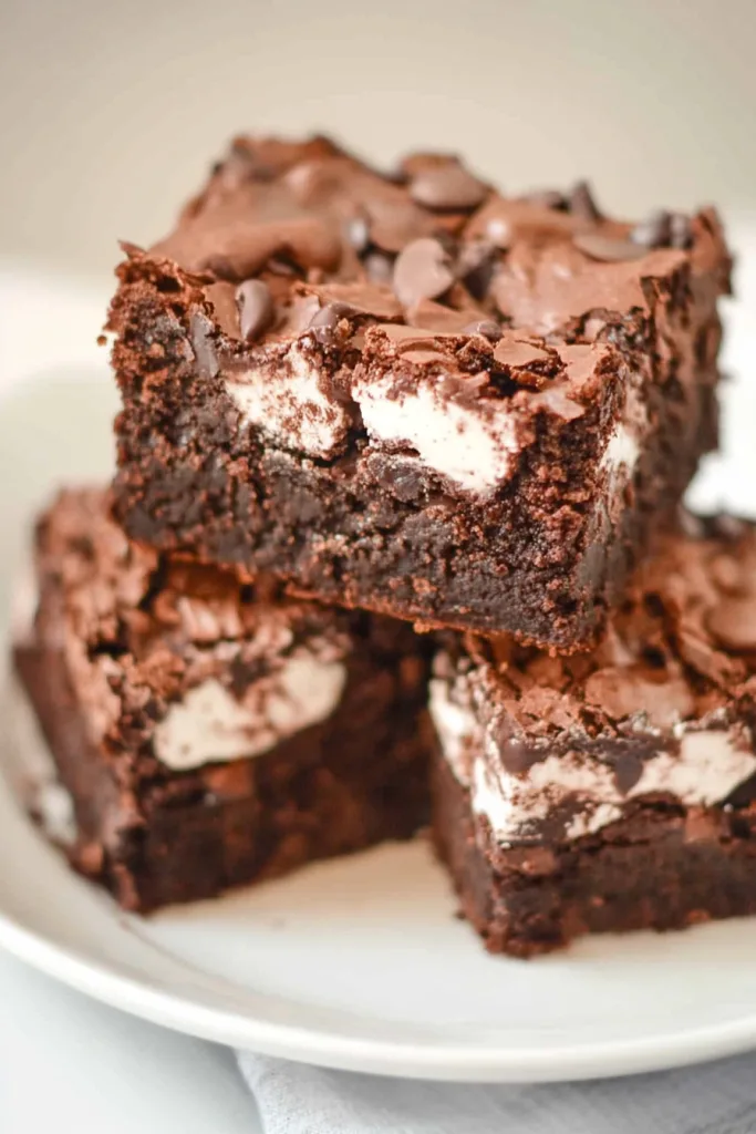 Three indulgent brownies layered neatly, highlighting dark chocolate and white swirls