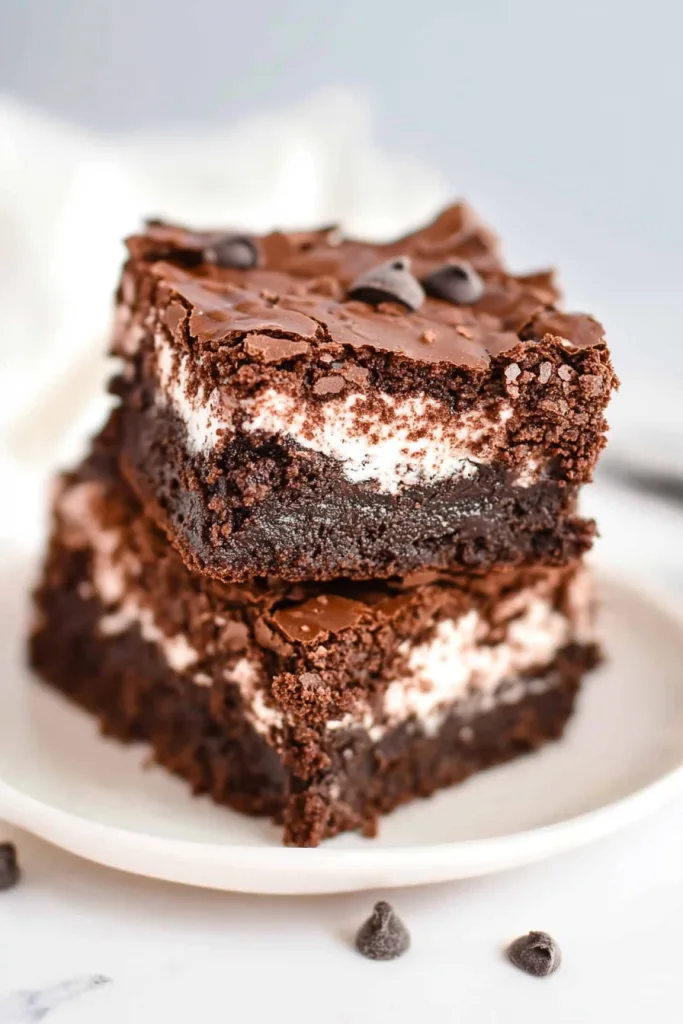 Brownie squares showing dense texture and creamy filling inside