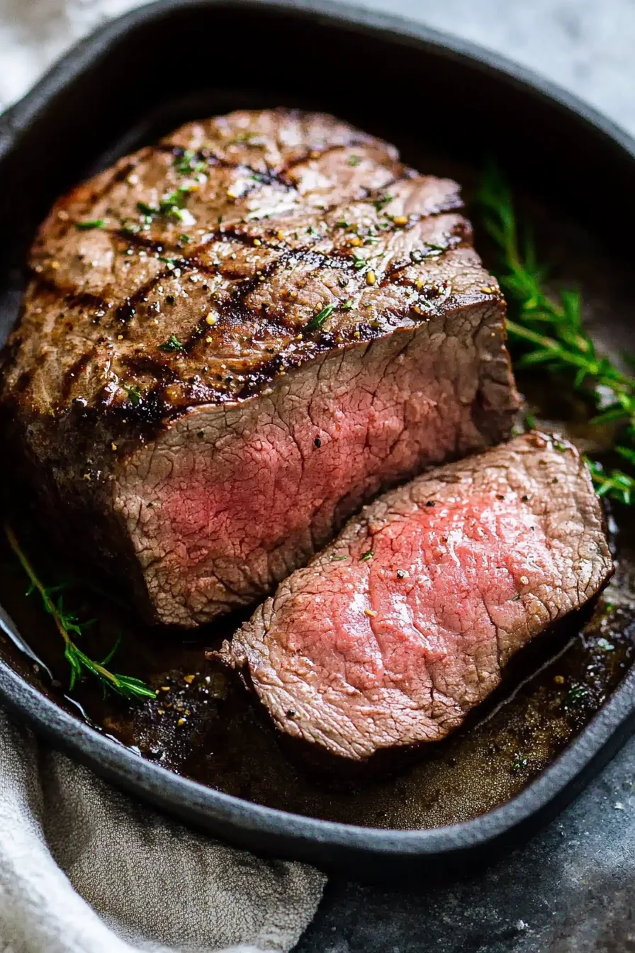Medium-rare venison steak sliced in a skillet, showing a seared crust and pink center with herbs on top.