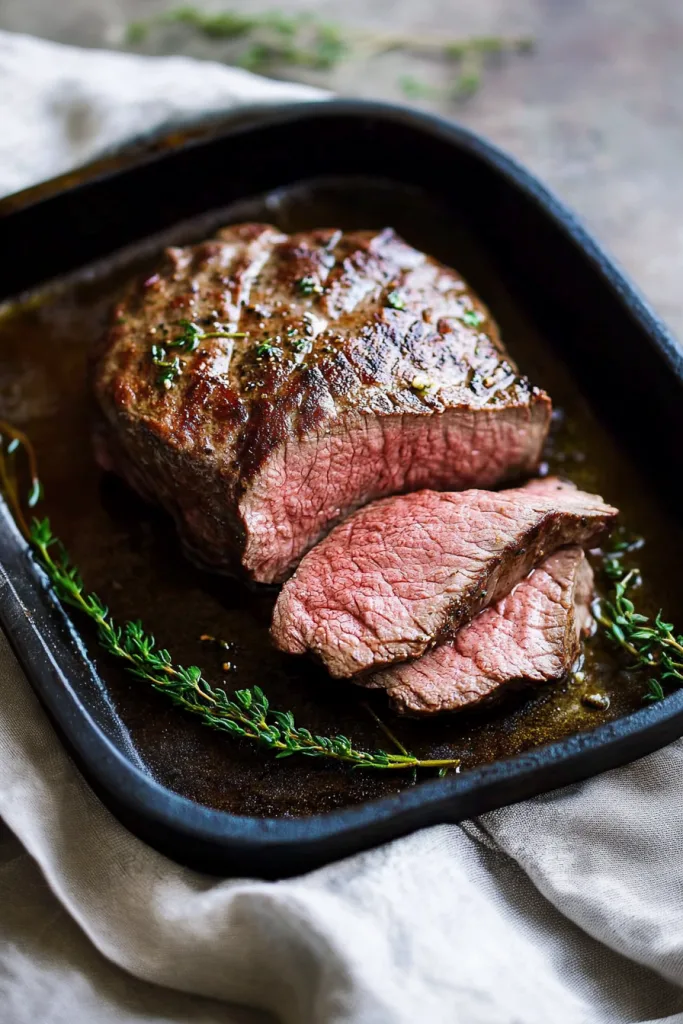 Final plated venison steaks recipe highlighting the tender texture and rich brown sear.
