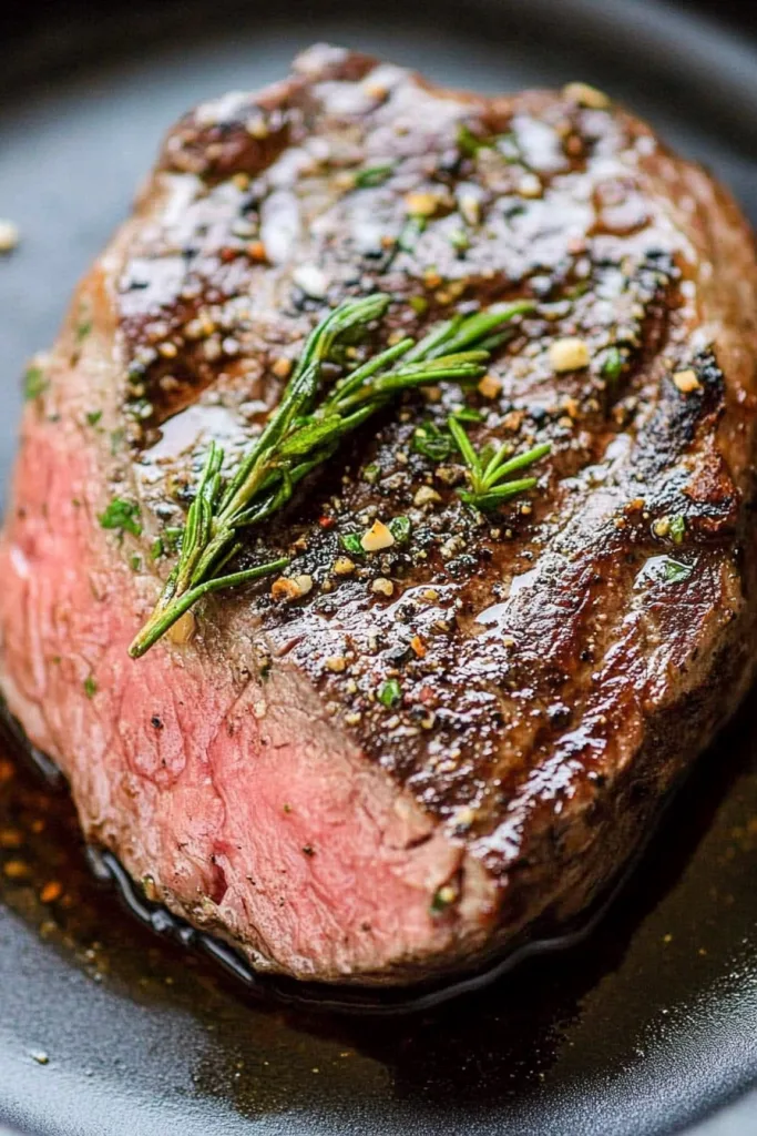 Succulent venison steak served hot, showcasing the contrast between charred edges and tender interior.