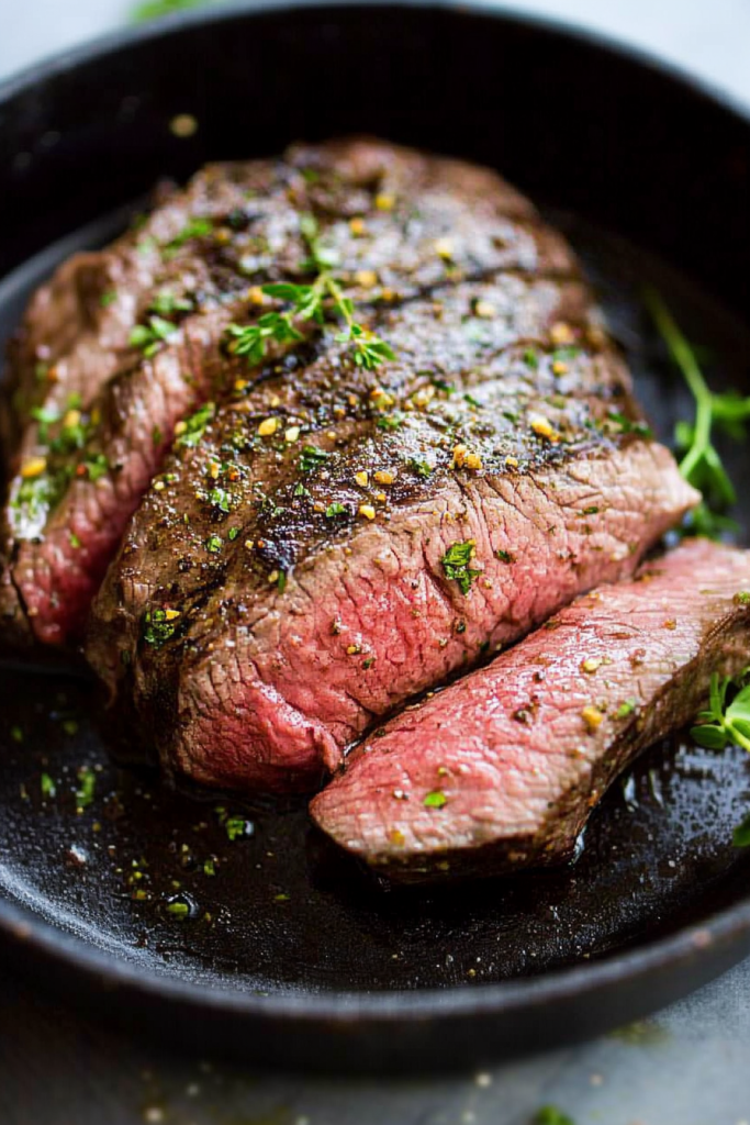 Rustic skillet presentation of sliced steak, peppered and herb-topped for a hearty finish.
