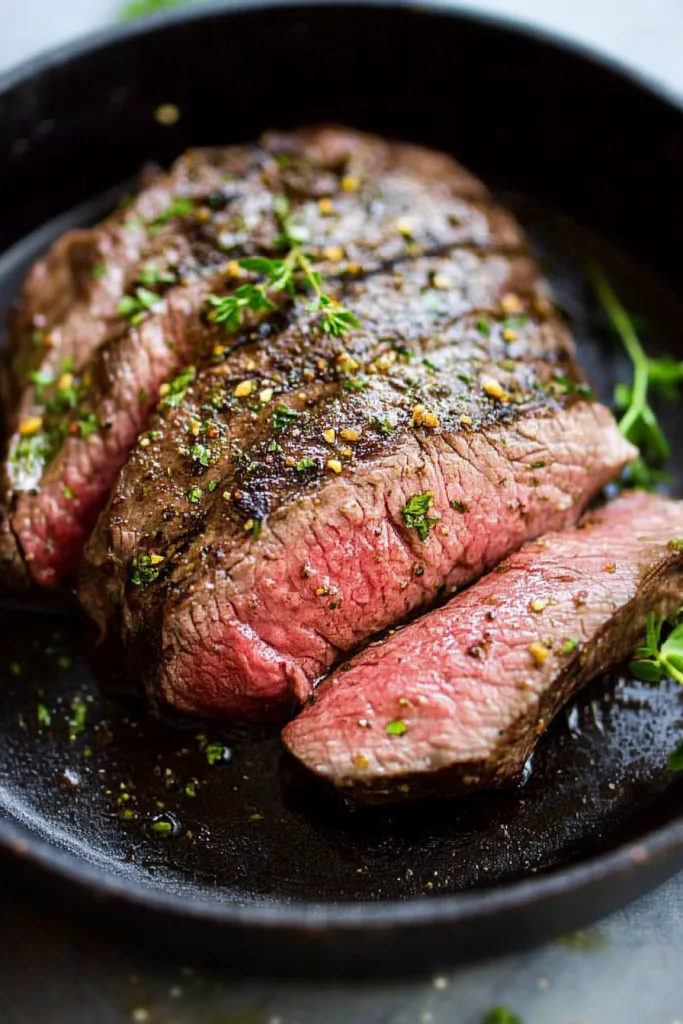 Rustic skillet presentation of sliced steak, peppered and herb-topped for a hearty finish.