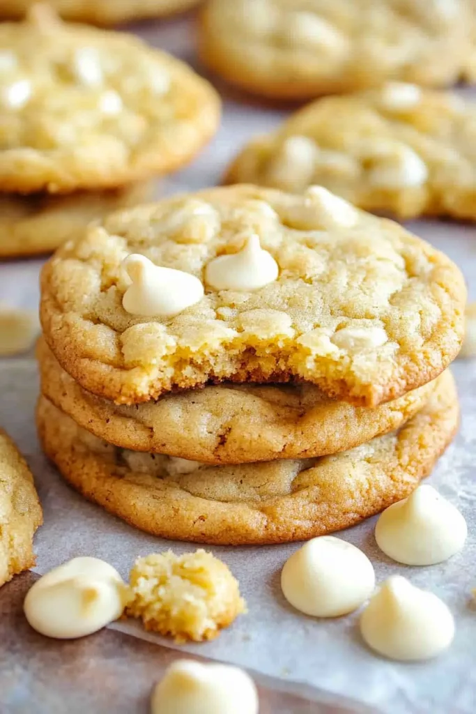 Stack of golden homemade cookies with a bite taken out to reveal a tender center