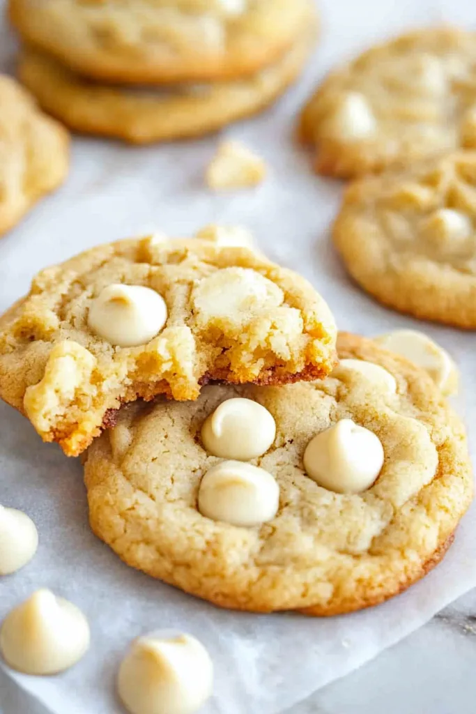 Warm golden cookies cooling on parchment paper with scattered white chocolate chips