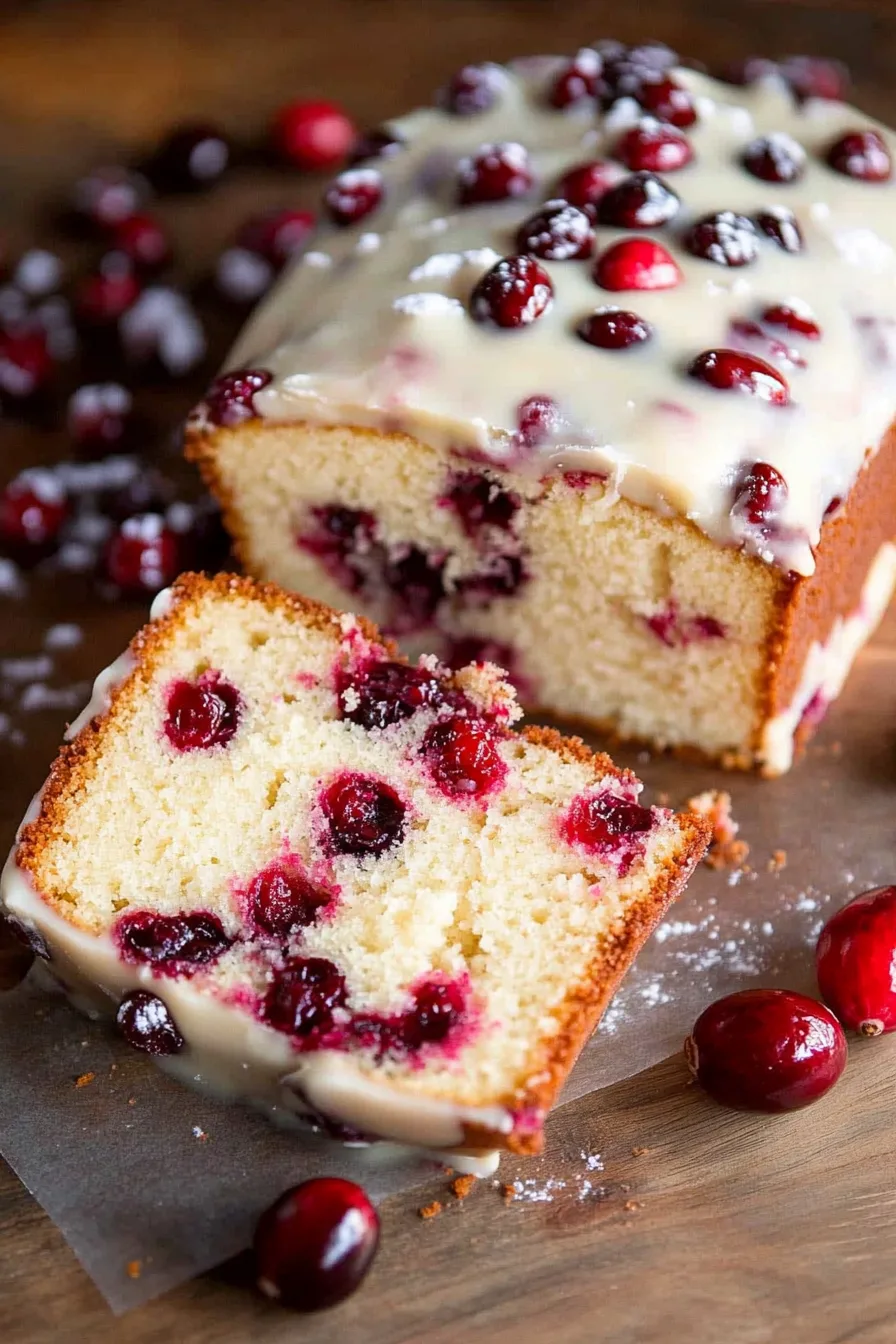 Golden pound cake resting on a wooden surface with scattered cranberries