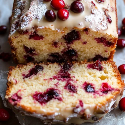 Slice of moist cake showing bright red cranberries inside