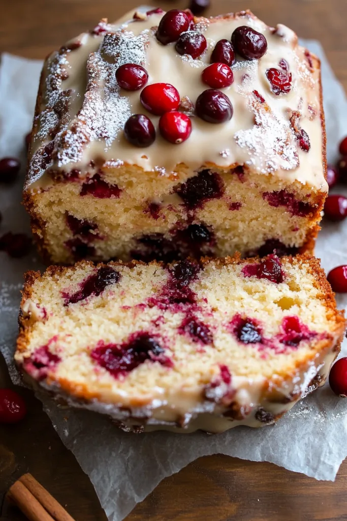 Slice of moist cake showing bright red cranberries inside
