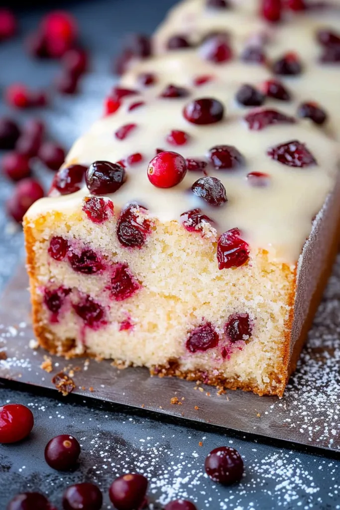 Loaf cake with glossy white glaze and cranberries on top