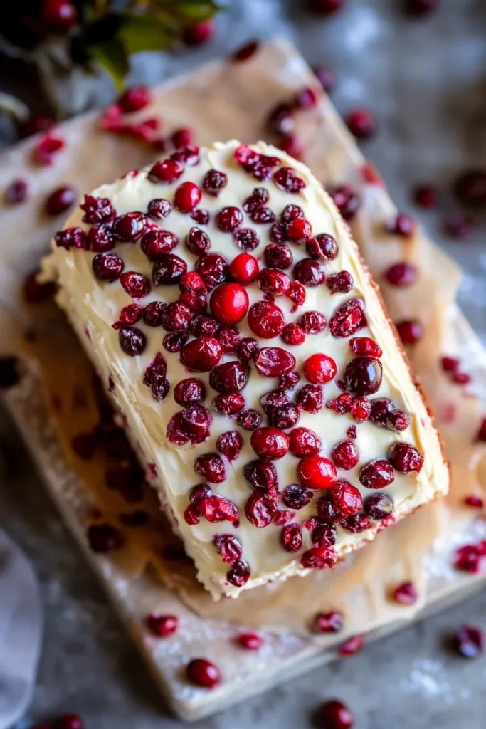 Overhead view of loaf cake with shiny glaze and festive cranberry garnish
